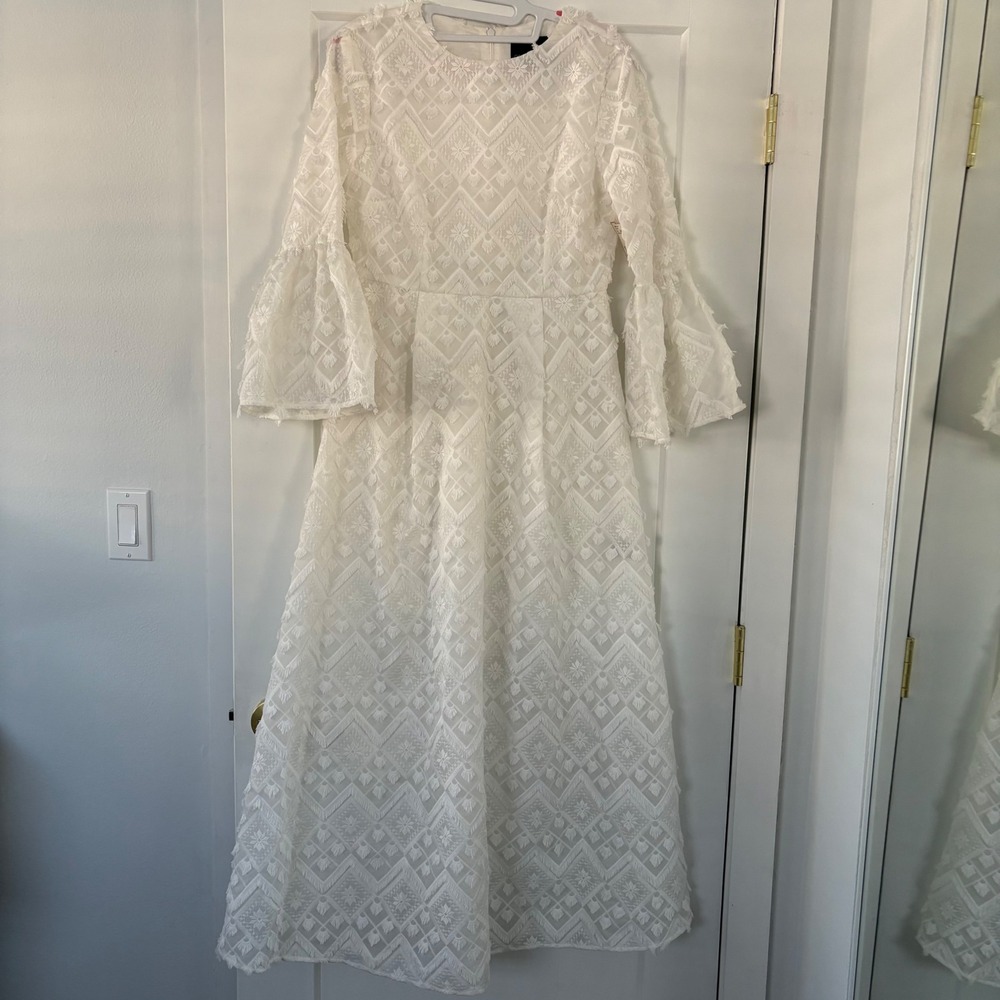 Cynthia Rowley White Romy Lace Fringe Bell Sleeve Maxi Dress‎ Sz 6 Wedding Party